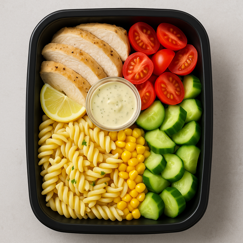 Cold bowl with lemon chicken and twisted pasta, crunchy vegetables