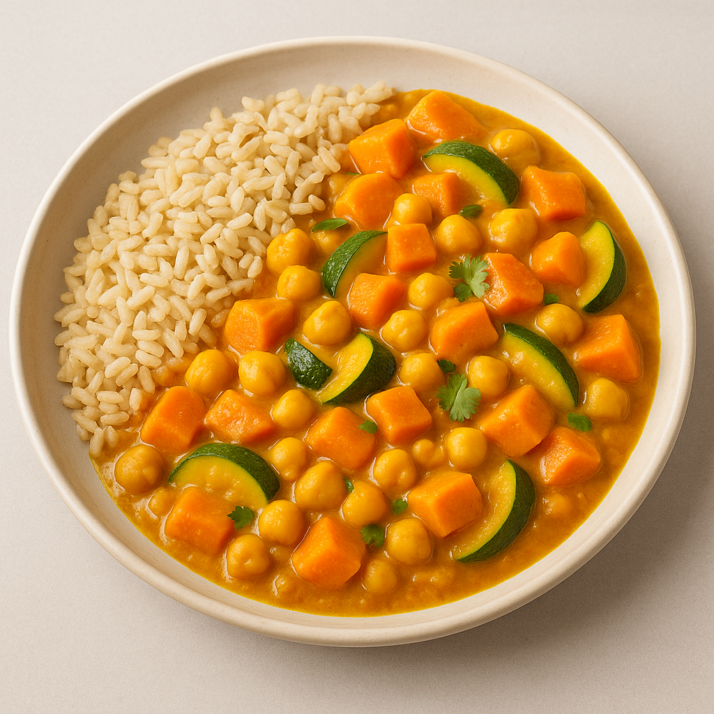 Mild curry with sweet potato, zucchini, chickpeas and brown rice
