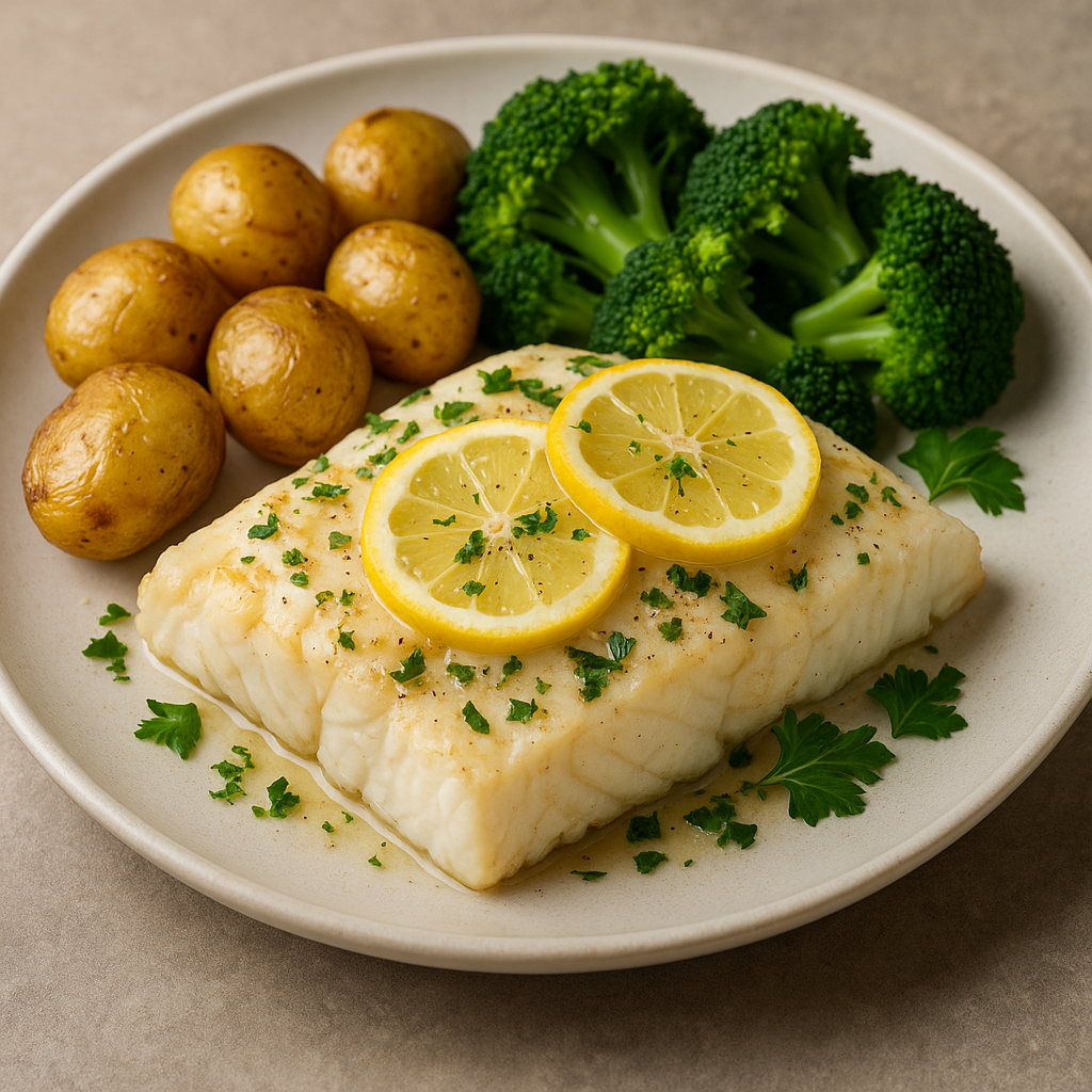 Lemon cod fillet, steamed broccoli and roasted potatoes