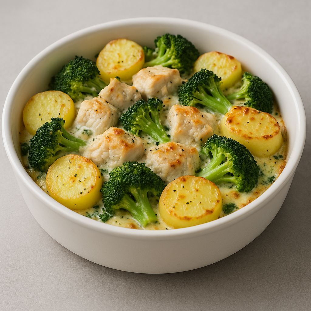 Potato gratin with chicken and broccoli