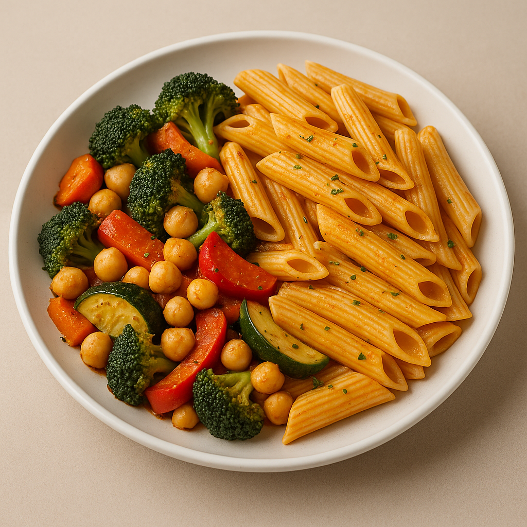 Penne with tomato sauce, roasted vegetables and chickpeas