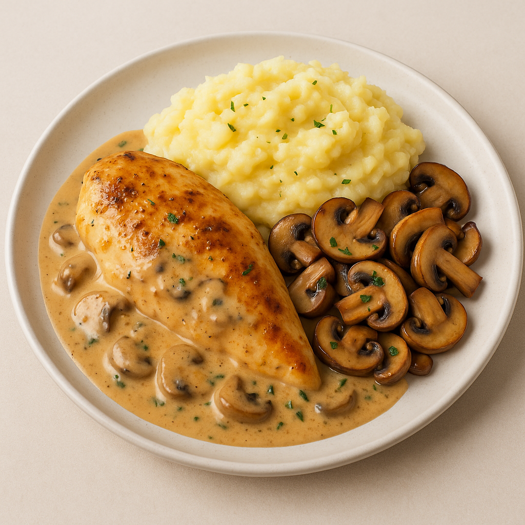 Chicken in cream sauce, mushrooms and homemade mashed potatoes