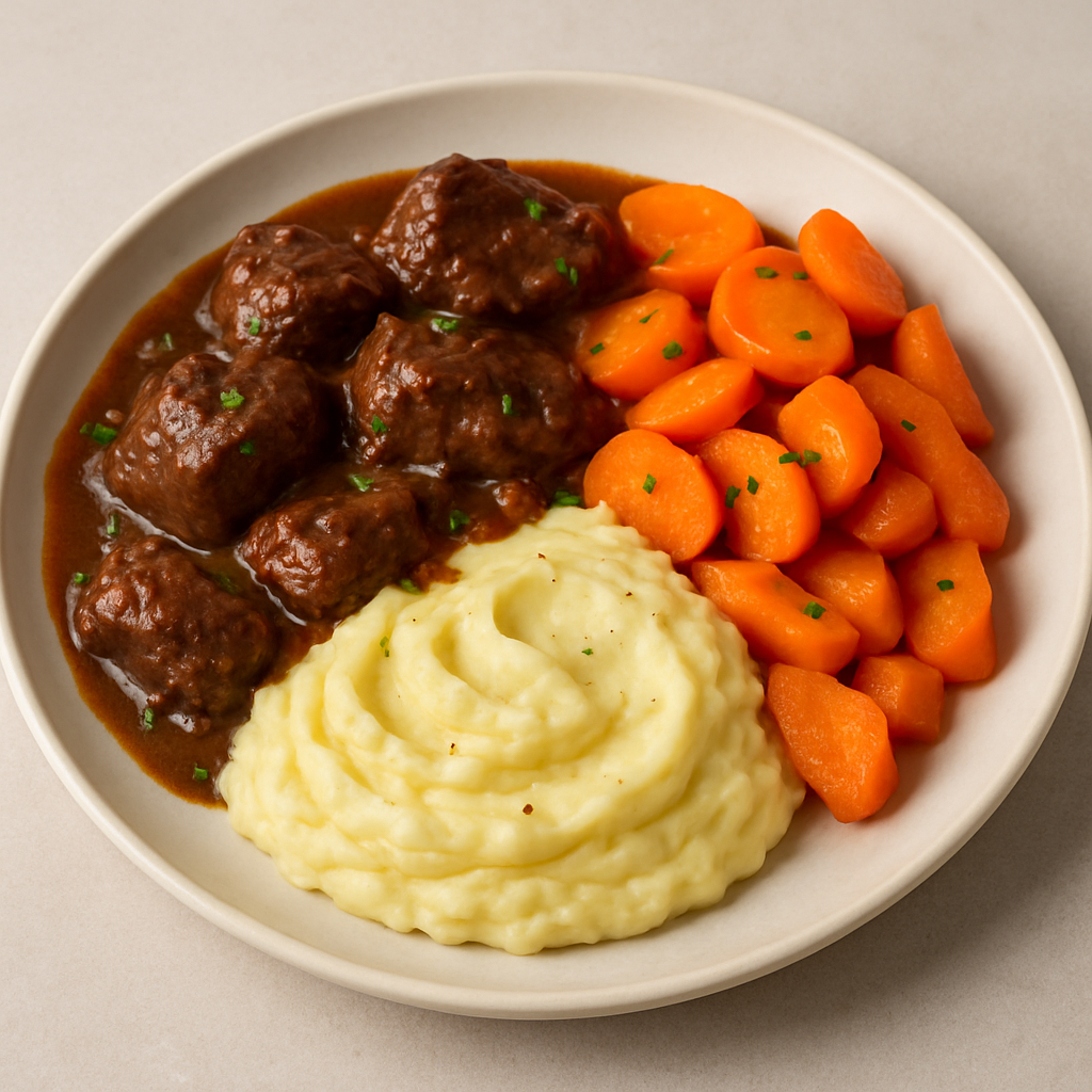 Beef stew, mashed potatoes and carrots